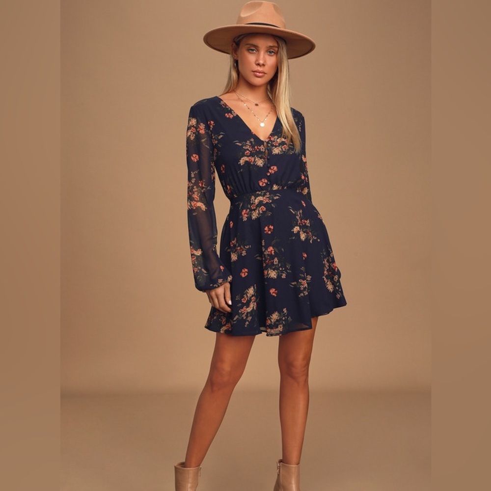 Lulu's Always Yours Navy Blue Floral Print Long Sleeve Skater Dress